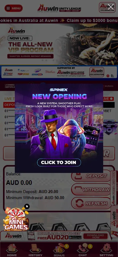Auwin Casino home page on a mobile device