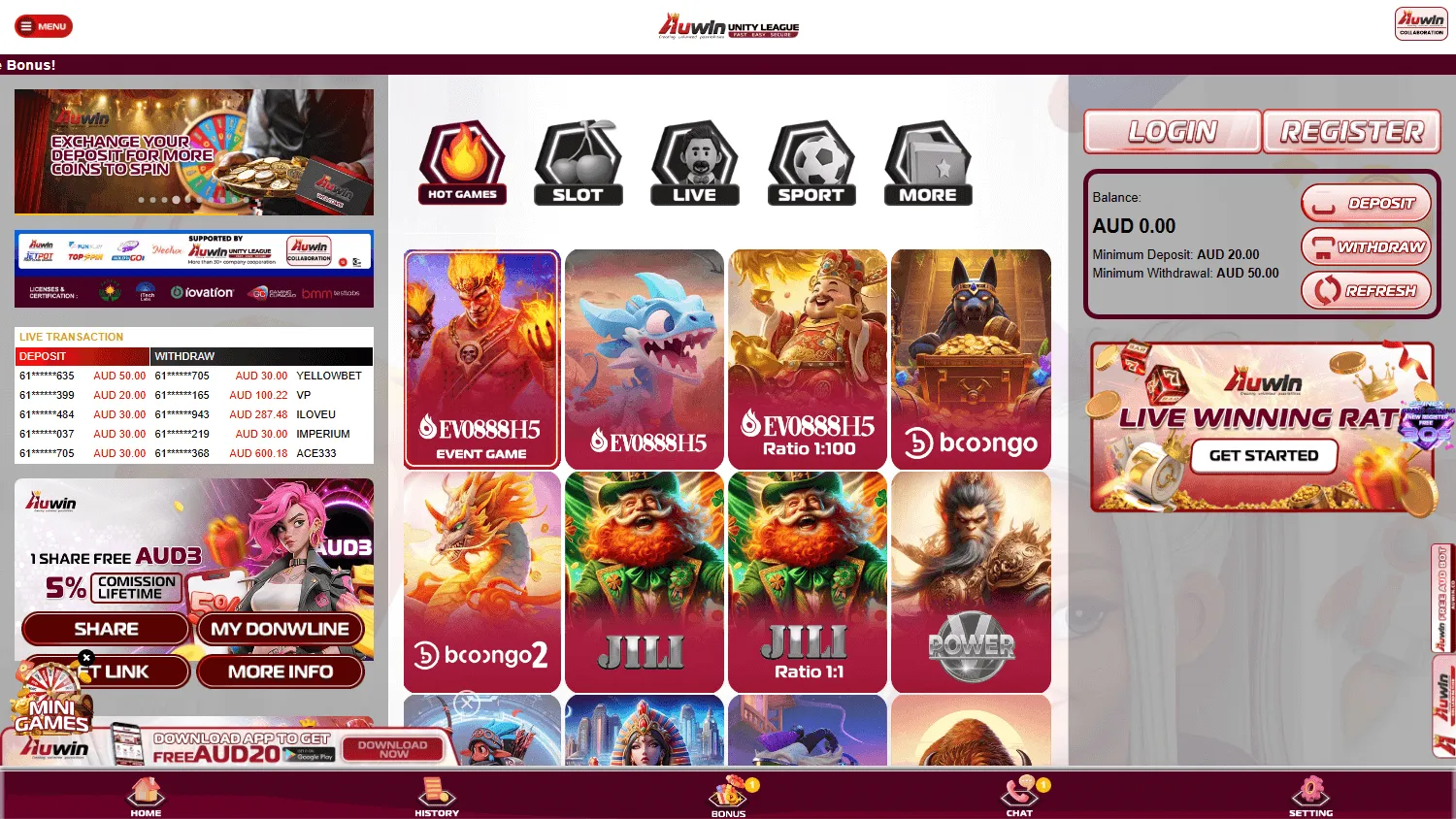 Auwin Casino home page on desktop