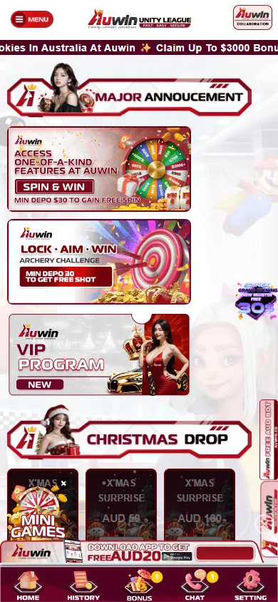Auwin Casino promotions page on a mobile device