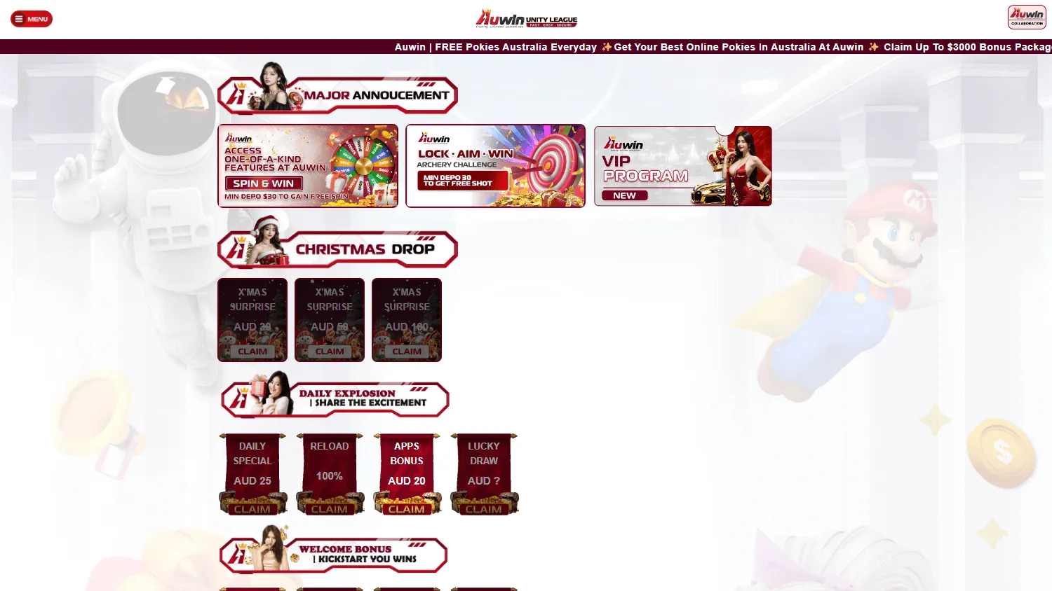 Auwin Casino promotions page on desktop